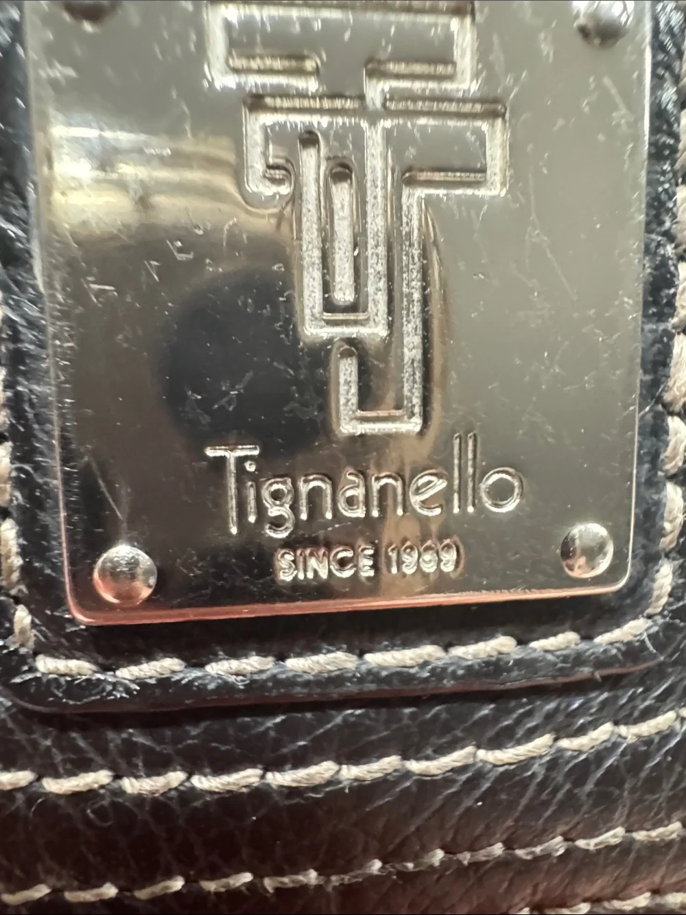 Tignanello Black Leather Trifold Wallet with White Stitching Genuine Leather